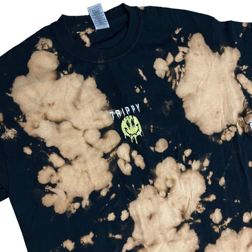 Trippy T-shirt Adult M Smiley Face Black Tie Dye Bleach Embroidered Grunge Ink